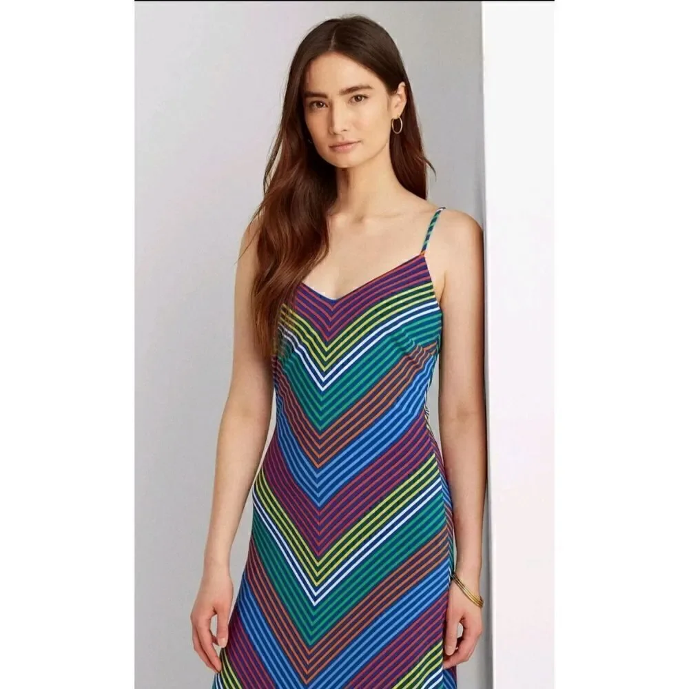 Lauren Ralph Lauren Chevron Jersey Maxi Dress Sleeveless Womens Size 12